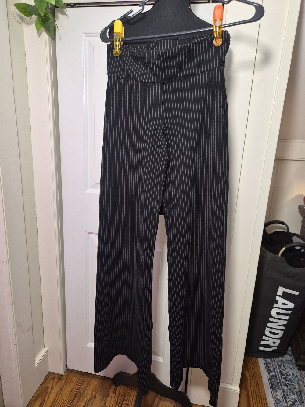 Betabrand Black Pinstripe Wide-Leg Pants